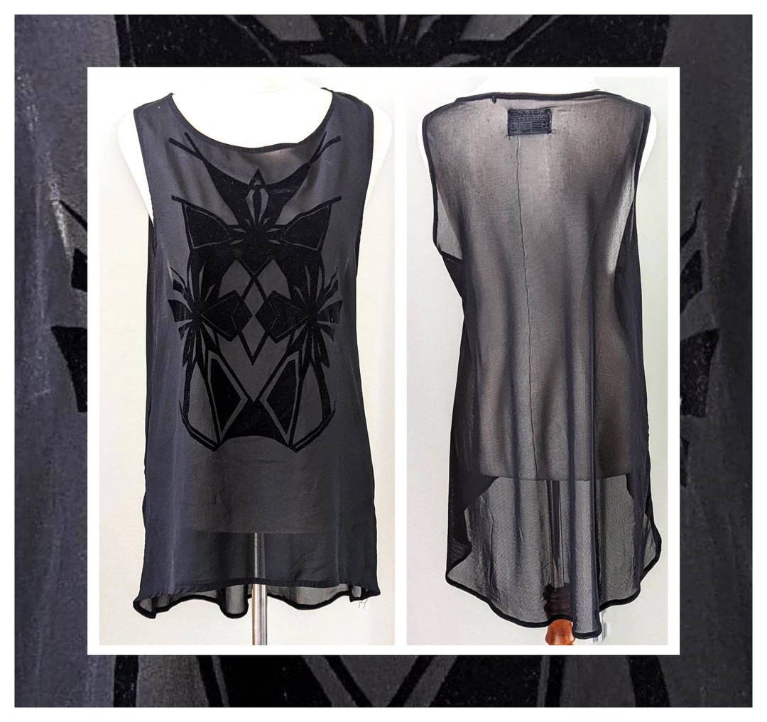 SAINTS & MORTALS Black Micro Mesh Top With Velvet Burnout Feature Panel ...