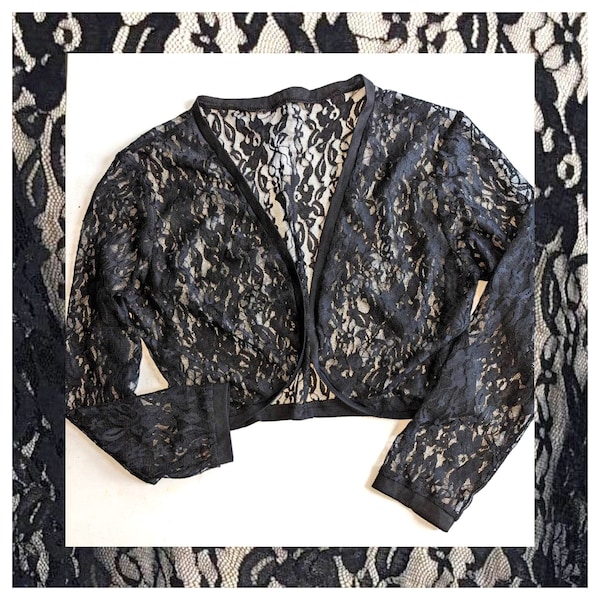 Trad Goth BLACK LACE BOLERO ~ Vintage Lacy Crop Length Long Sleeved Bolero Shrug Cardigan