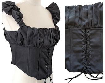 Black BUSTIER/CORSET/BODICE Black with Front Lacing Gathered Bustline & Light Boning