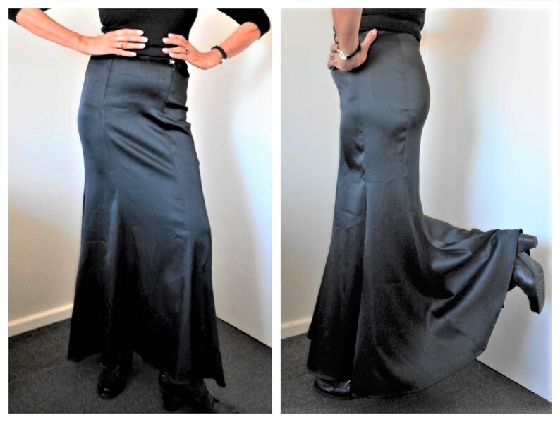 JET BLACK SATIN Full Length Fishtail Mermaid Skirt~Jacques Tchong Sydney Australia~GothicFormalMorticiaFetishMistress~