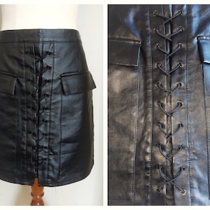 Black LEATHER LOOK SKIRT~ P.V.C Faux Leather Mini w. Lace-Up Detail at the Front plus 2 Large Pockets *90s Goth Rock Punk*