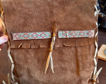 Vintage Leather Beaded Pouch Bag- Native American