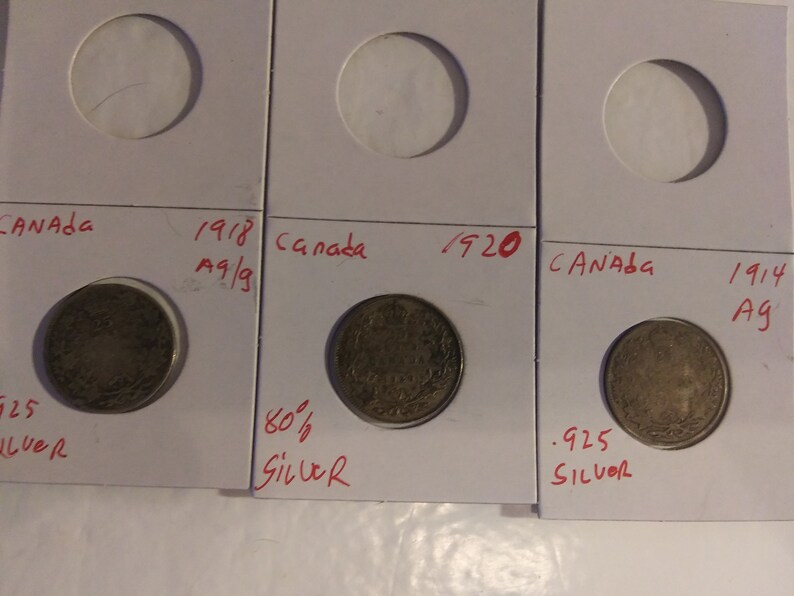 E884 vintage coins 19121917 Canada sterling Silver 25 cents 1920 .800 silver 100 years old