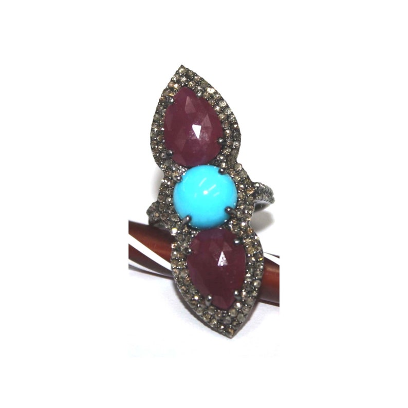 Turquoise Stone Designer Us Size Ring Sterling Silver 925 Champagne Rose cut Diamond with Natural Ruby