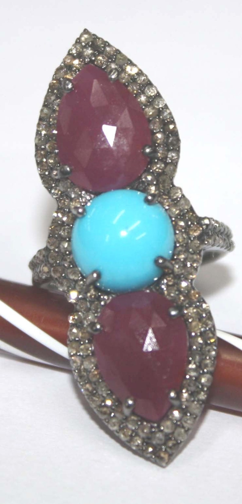 Turquoise Stone Designer Us Size Ring Sterling Silver 925 Champagne Rose cut Diamond with Natural Ruby