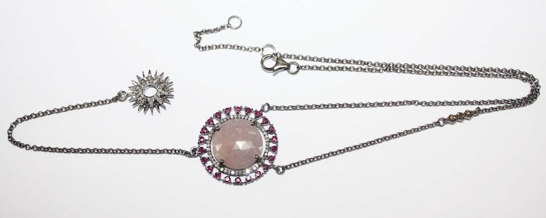 Sterling Silver 925 Champagne Rose cut Single cut,Ruby With Pink Sapphire Antique Trendy Necklace.