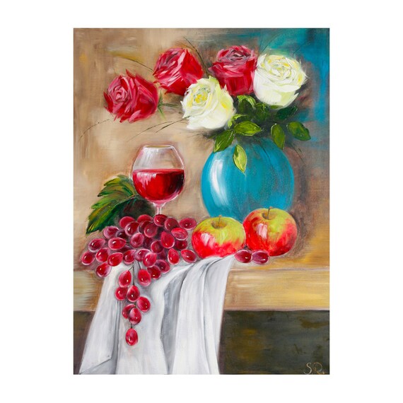 Stillleben Rosen In Vase Apfel Und Wein Olgemalde 80x60 Auf Etsy