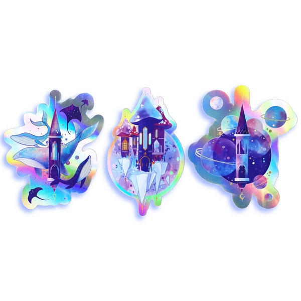 Lot de 3 Autocollants holographiques motif fantasy LES CHÂTEAUX Stickers décoratifs pour ordinateur carnet journal illustrations originales