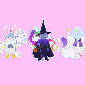 Lot de 3 Autocollants effet holographique - LAPIN pêcheur, CHAT sorcier et FURET de l'espace - Stickers pour ordinateur téléphone ou journal
