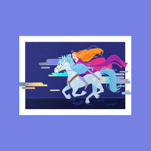 Illustrazione - Piccolo poster A5 con effetto olografico arcobaleno - Stampa A5 - MAGICAL RIDE donna cavalleresca