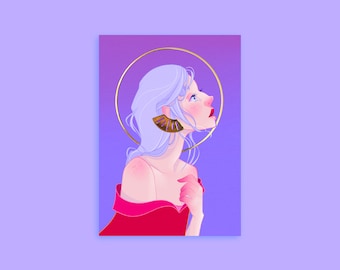 Illustratie - Kleine A5-poster met goudfolie - A5 digitale kunstdruk - Prinsessenmotief geïnspireerd op middeleeuwse fantasie, Brunehilde