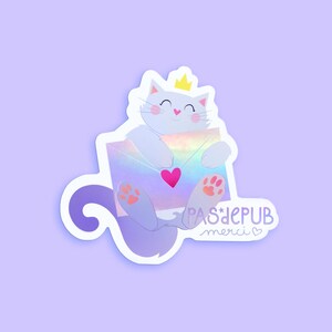 Autocollant stop pub - Sticker pour boîte aux lettres effet holographique arc en ciel - Chat mignon et lettre d'amour PAS de PUB MERCI