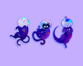 Holographic stickers Set of 3 - Decorative stickers for computer notebook or diary - Original drawings small animals design LOST IN SPACE