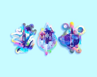 Holographic stickers Lot of 3 - Decorative stickers for computer notebook or journal original illustrations fantasy design THE CASTLES