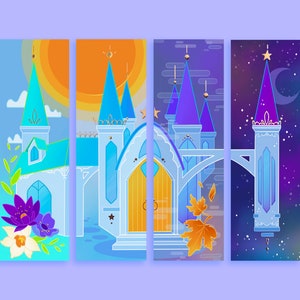 Marcapáginas Set de 4 - Marcapáginas de lectura ilustrados con dorado - Motivo de arquitectura de fantasía medieval EL CASTILLO DE LAS ESTACIONES