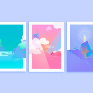 Ensemble de cartes postales illustrées Collection paysages oniriques - Lot de 3 petites illustrations - Papier recyclé éco responsable