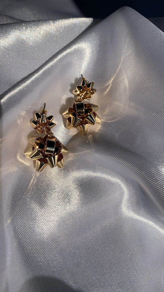Gold bow dangle earrings Christmas gift bow studs statement gold bow earrings gold bow drop earrings Christmas bow earrings gift bow