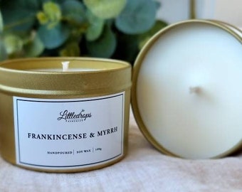 Frankincense and Myrrh Vegan Soy Candle, Rose Gold Tin