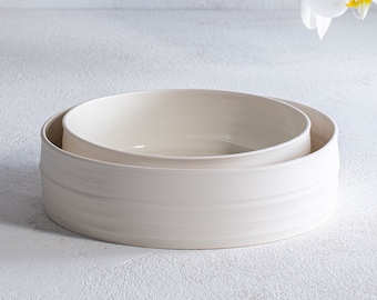 Set Of TWO Oven to Table Porcelain Serving Bowls / Baking Pan, Modern White Dinner Serving Dish Set, Pottery Salad Serving Bowl