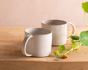 TWO Pearl White 11.5 Ceramic Mugs, Rustic Modern Speckled Two Pottery Mugs, Coffee / Tea Stoneware Mugs, Gift for Mother's Day