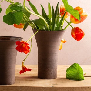 Textured Rustic Cone Shape Dark Brown Pottery Vase, Handmade Ceramic Large Vase, Pottery Tall Decorative Vase, Unique Eclectic Flower Pot