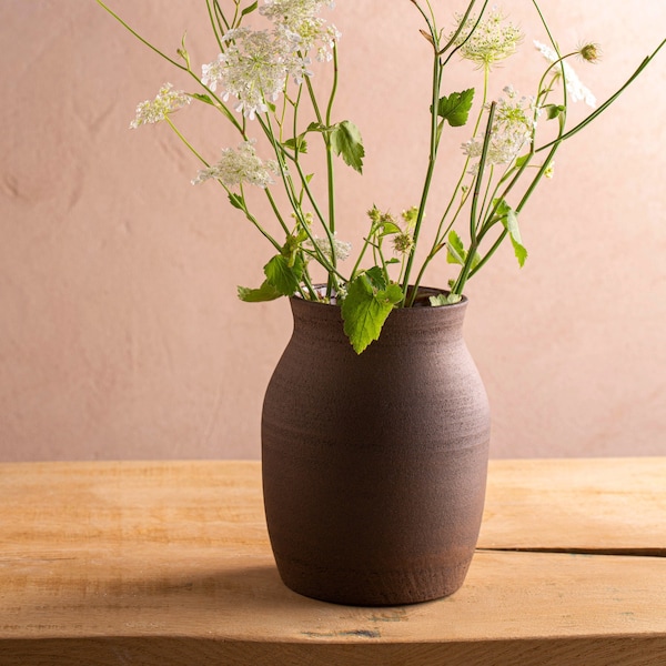Dark Brown Round Classic Handmade Flower Vase, 3 Size Options Rustic Ceramic Vase, Pottery Large Decorative Vase, Country House Decor