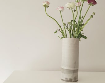 White Tall Cylinder Flower Vase, Ceramic Vase,  Minimalist Pottery Vase