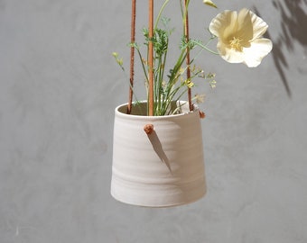 Handmade White Hanging Planter With Leather Straps, Minimalist Pottery Hanging Pot, Ceramic Succulent Planter, Indoor Ceramic Planter