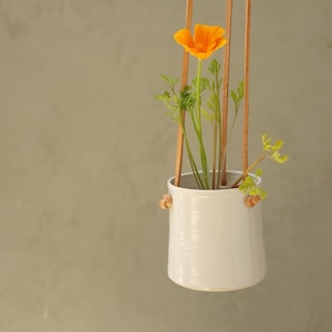 Op de afbeelding: Een witte keramische hangende plantenpot met een enkele oranje klaproos en groen blad. De pot wordt opgehangen met vier bruine leren banden.
