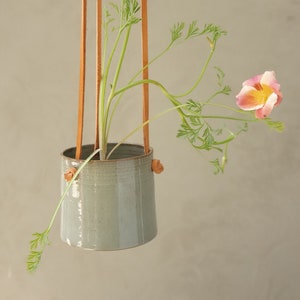 Hanging Planter With Leather Straps Minimalist Pottery Hanging Pot 7 Color Options Glossy torquoise