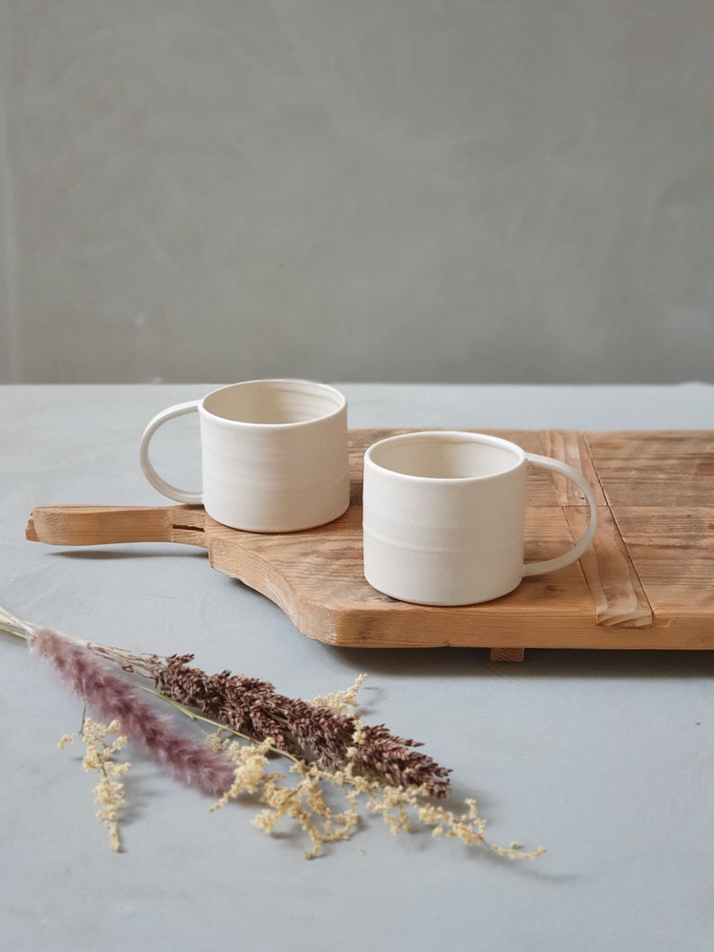 2 White Matte Ceramic Mugs With Handles, Two Pottery Mugs, Coffee/Tea Stoneware Mug, Natural Color Coffee Cups, Modern Mug Set, Gift for Mom image 3