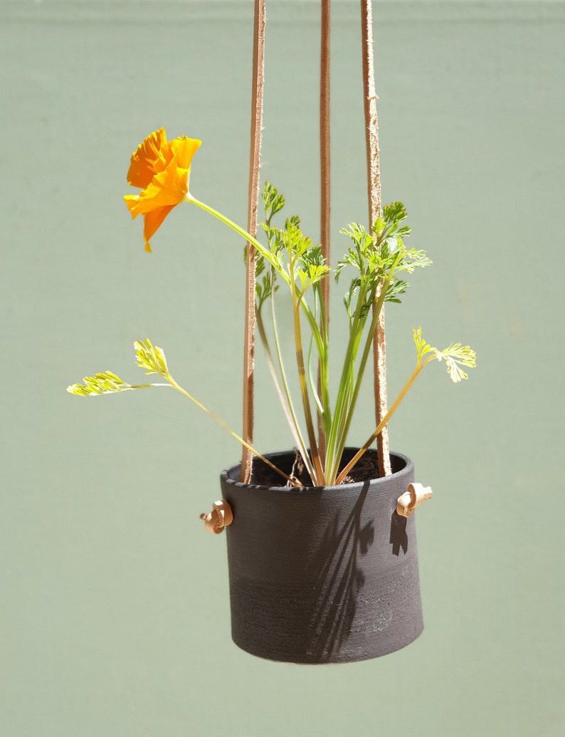 Hanging Planter With Leather Straps Minimalist Pottery Hanging Pot 7 Color Options Black