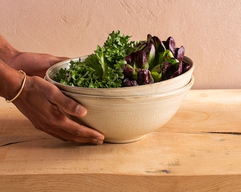 Large 9" Deep Beige Pottery Salad Serving Bowl, Ceramic Large Bowl, Off-White Stoneware Bowl, Fruit /Pasta / Dinner Serving Dish, Mom Gift