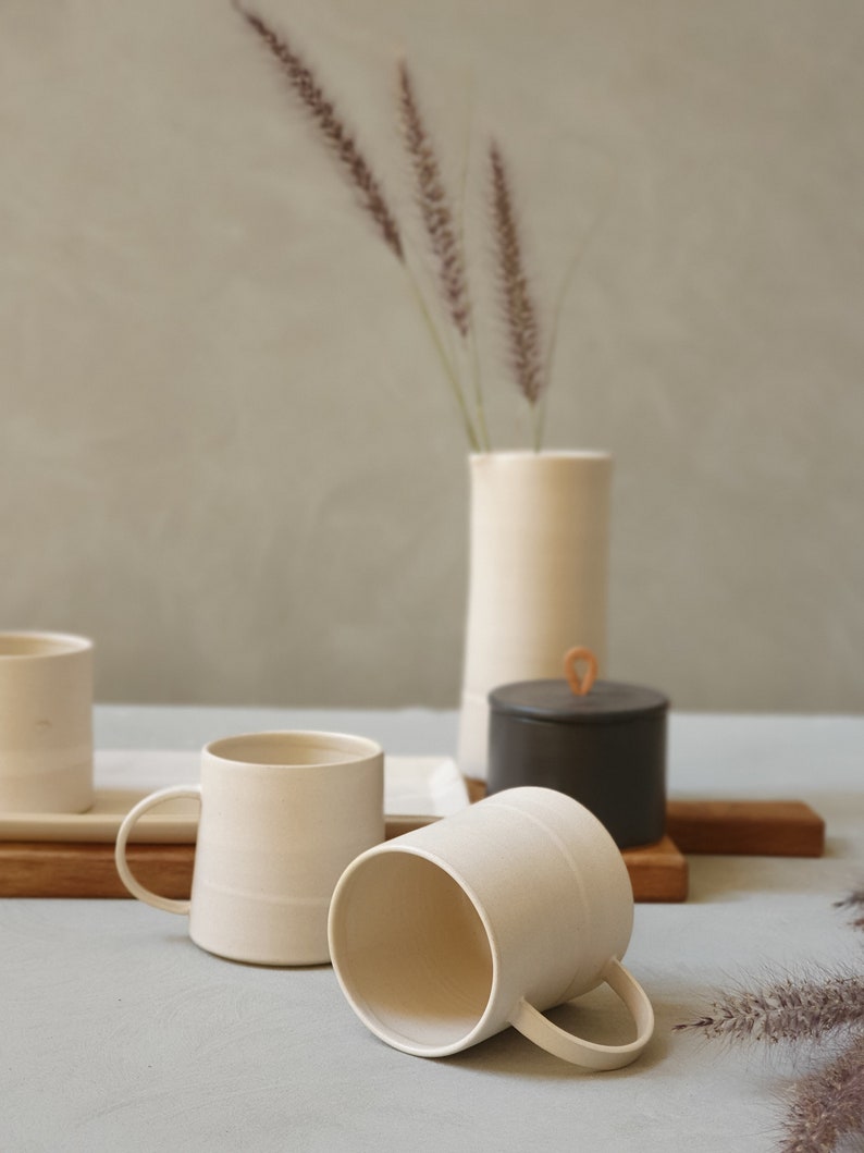 2 Large White Matte Ceramic Mugs With Handles Two Pottery Etsy