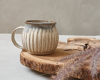 TWO Rustic Large 10 Oz Handmade Pottery Mugs Set, Set of 2 White & Blue Striped Carved Ceramic Coffee Mugs, Christmas Gift Mom
