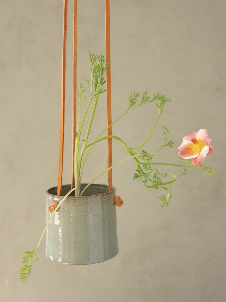 Hanging Planter With Leather Straps Minimalist Pottery Hanging Pot 7 Color Options Glossy torquoise