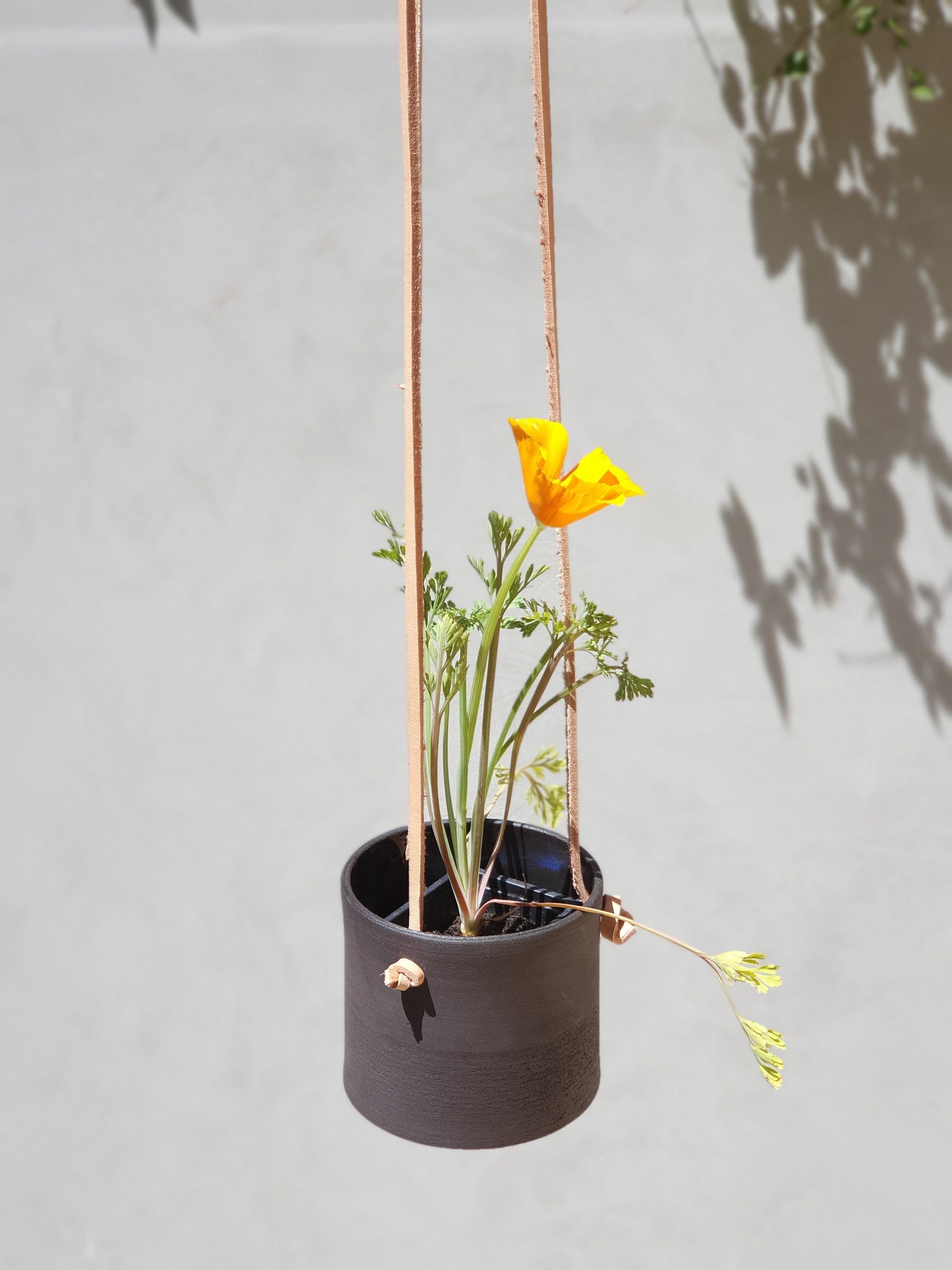 Planteur Suspendu Noir avec Des Courroies en Cuir, Pot Minimaliste de Poterie, Planteur Céramique, S