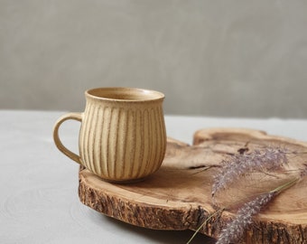 Set of TWO Carved Textured Striped Round Large Coffee Mugs, Mustard Large Handle Mugs, Handmade Pottery Mugs Set, Ceramic Coffee Mugs