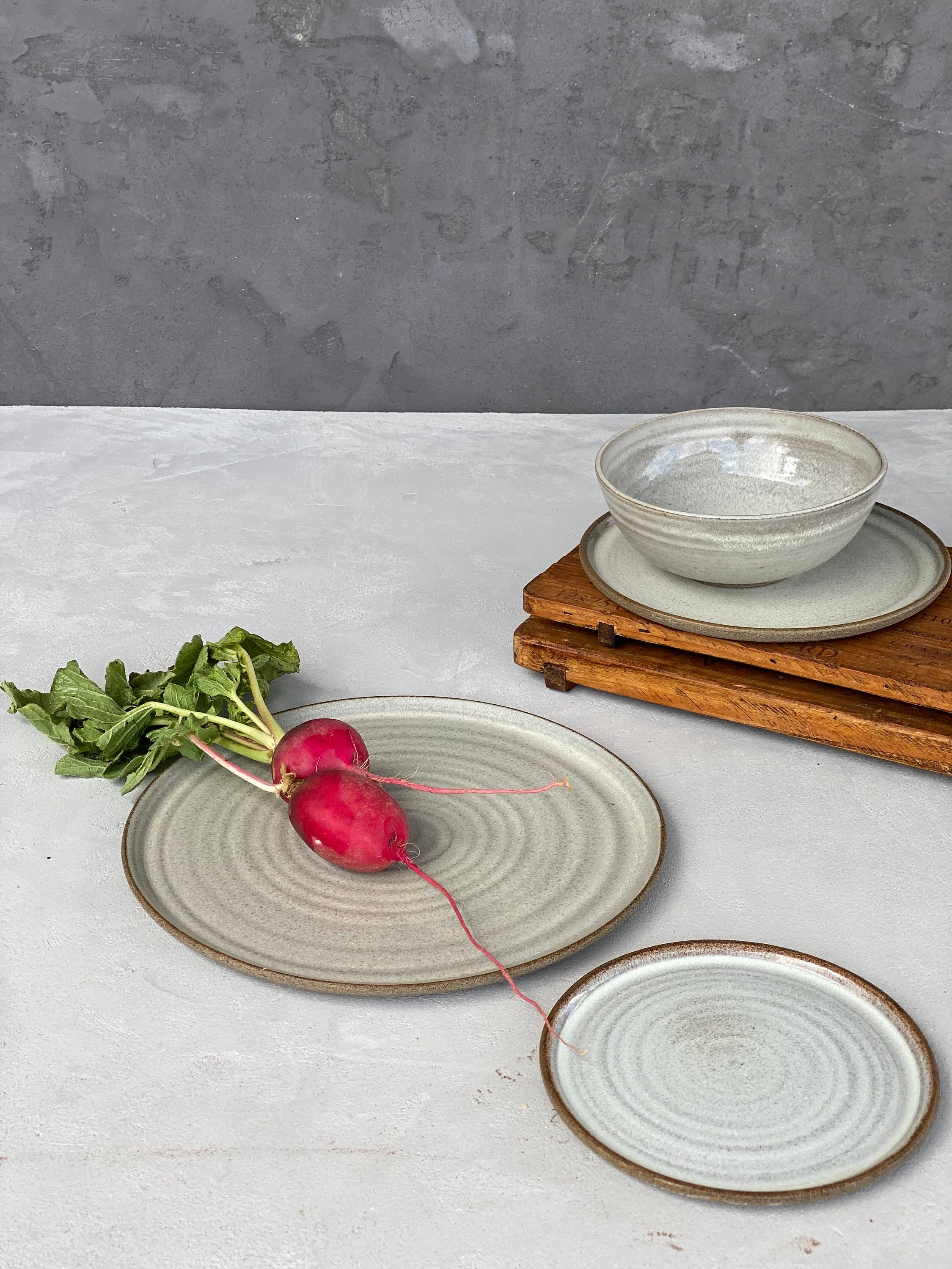 Main Course Dinner Set FOUR Piece Set of Gray Dinnerware, Main Course Plate, Salad Plate, Cake ...