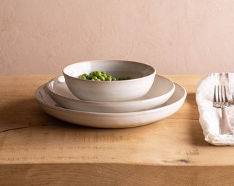 A Dinnerware Set of White Large Ceramic Handmade Dinner, Salad Plate And a Soup Bowl, Dinnerware Plates , Pottery Plate Set