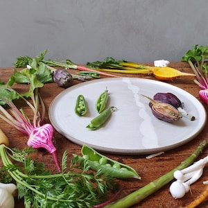Large Handmade Serving Platter, Ceramic Round Cake Plate, Pottery Rounded Appetizer & Cheese Tray, Wedding Gift, Unique White Serving Plate