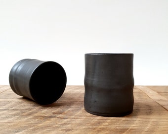 Set of 2 Ceramic Cylinder Coffee Espresso Mugs | Matte Black Coffee Cups