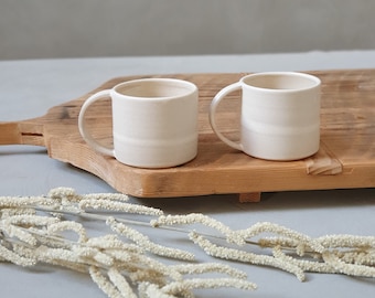 2 White Matte Ceramic Espresso Mugs With Handles, Two Pottery Mugs, Coffee/Tea Stoneware Mug, Natural Color Coffee Cups, Modern Mug Set