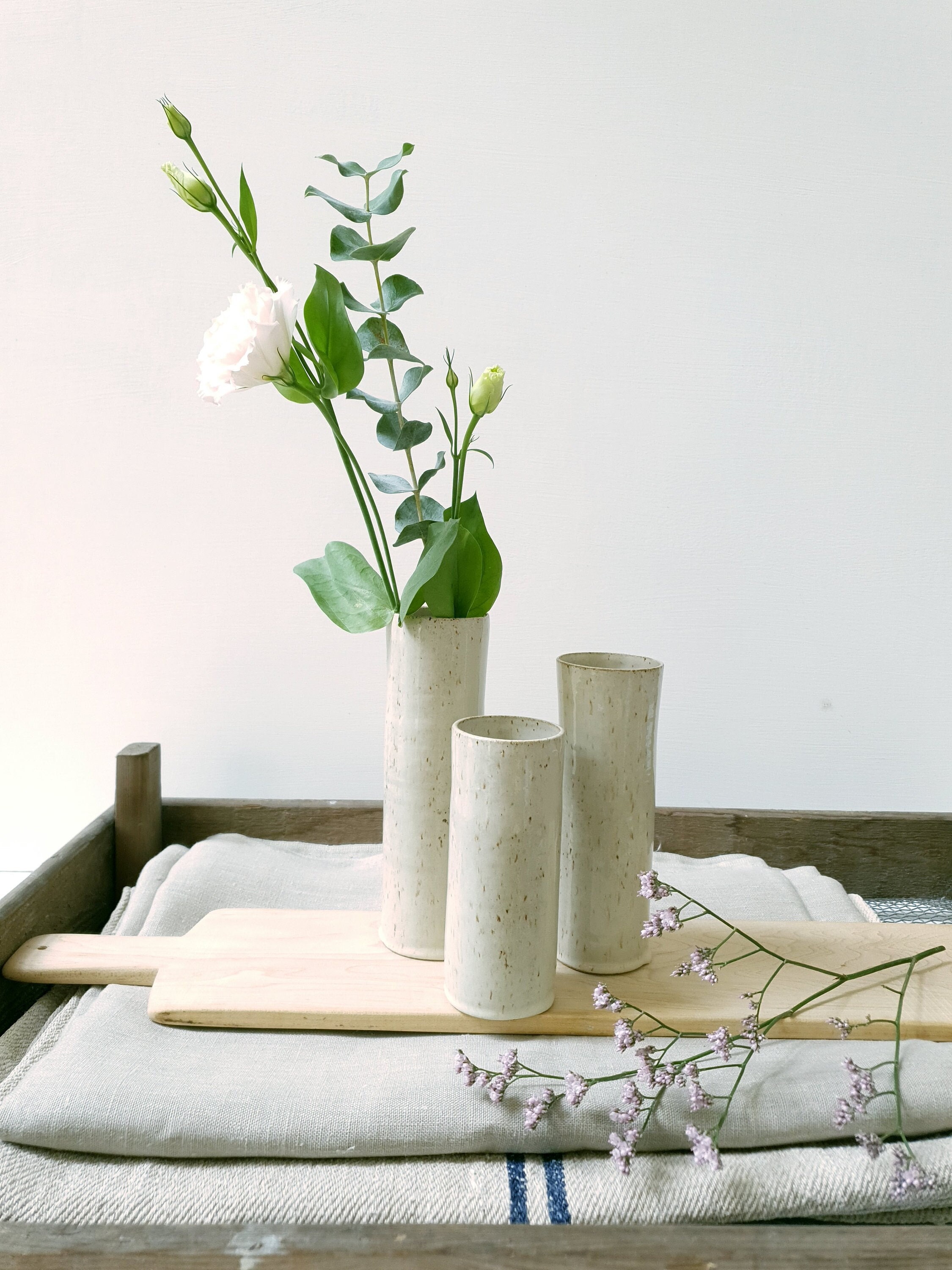 Set Of 3 Pottery White Handmade Flower Vases, Ceramic Modern Vase Set, Decorative Shelf Vase, Minimalist Unique Stoneware