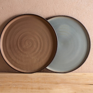 Set of TWO Ceramic Handmade Plates, Large Dinner Plate OR Salad Plate Set, Dinnerware Plates - Pottery Black / Turquoise / Mocha Brown