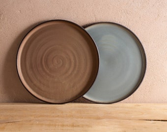 Set of TWO Ceramic Handmade Plates, Large Dinner Plate OR Salad Plate Set, Dinnerware Plates - Pottery Black / Turquoise / Mocha Brown