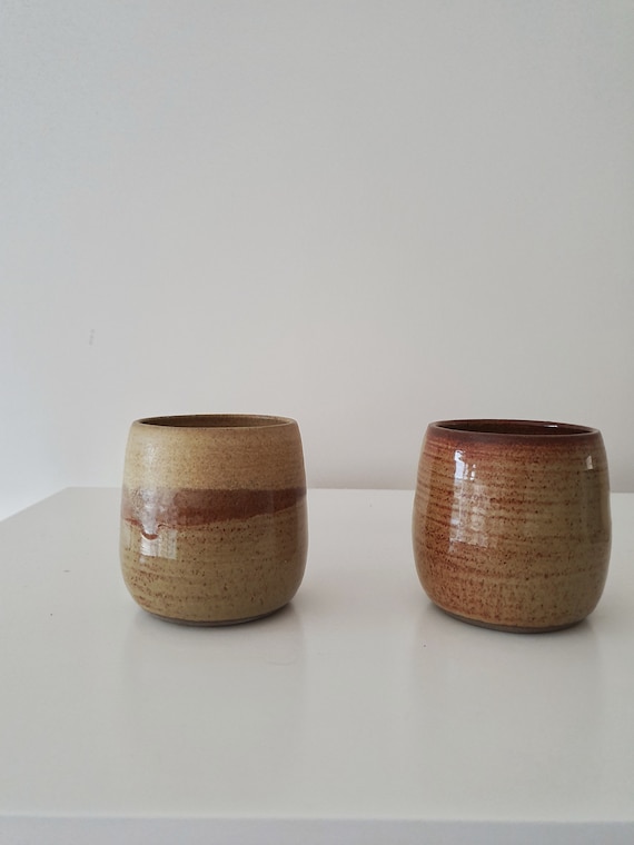 Set of 2 Ceramic Coffee Cups, Light Yellow Mustard and Brownish-Beige Pottery Mugs without Handles, Rustic Cups Set, Gift for Mom