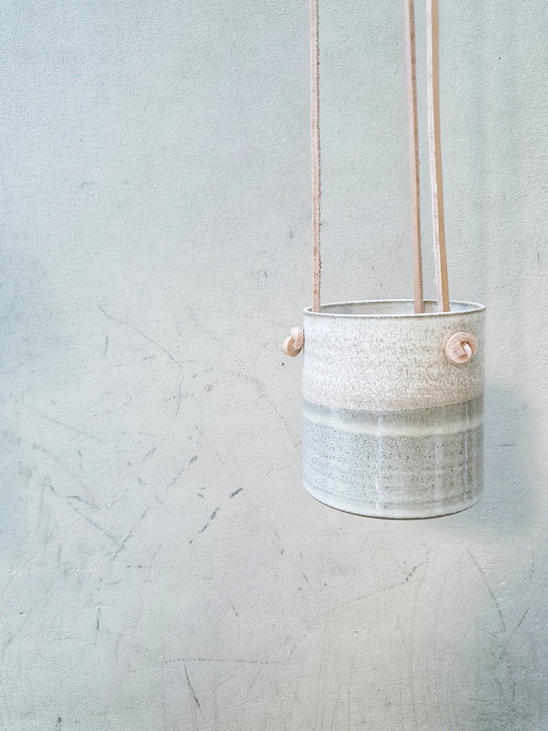 Hanging Planter With Leather Straps Minimalist Pottery Hanging Pot 7 Color Options Beige and Gray