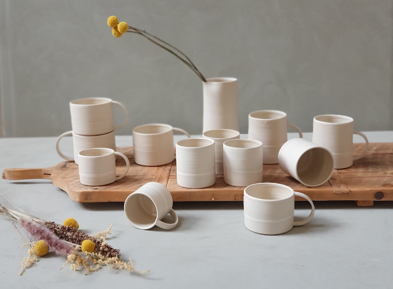 2 White Matte Ceramic Mugs With Handles, Two Pottery Mugs, Coffee/Tea Stoneware Mug, Natural Color Coffee Cups, Modern Mug Set, Gift for Mom image 5