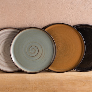 Set of TWO Ceramic Handmade Plates, Large Dinner Plate OR Salad Plate Set, Dinnerware Plates - Pottery Black / Turquoise / Mustard Plates